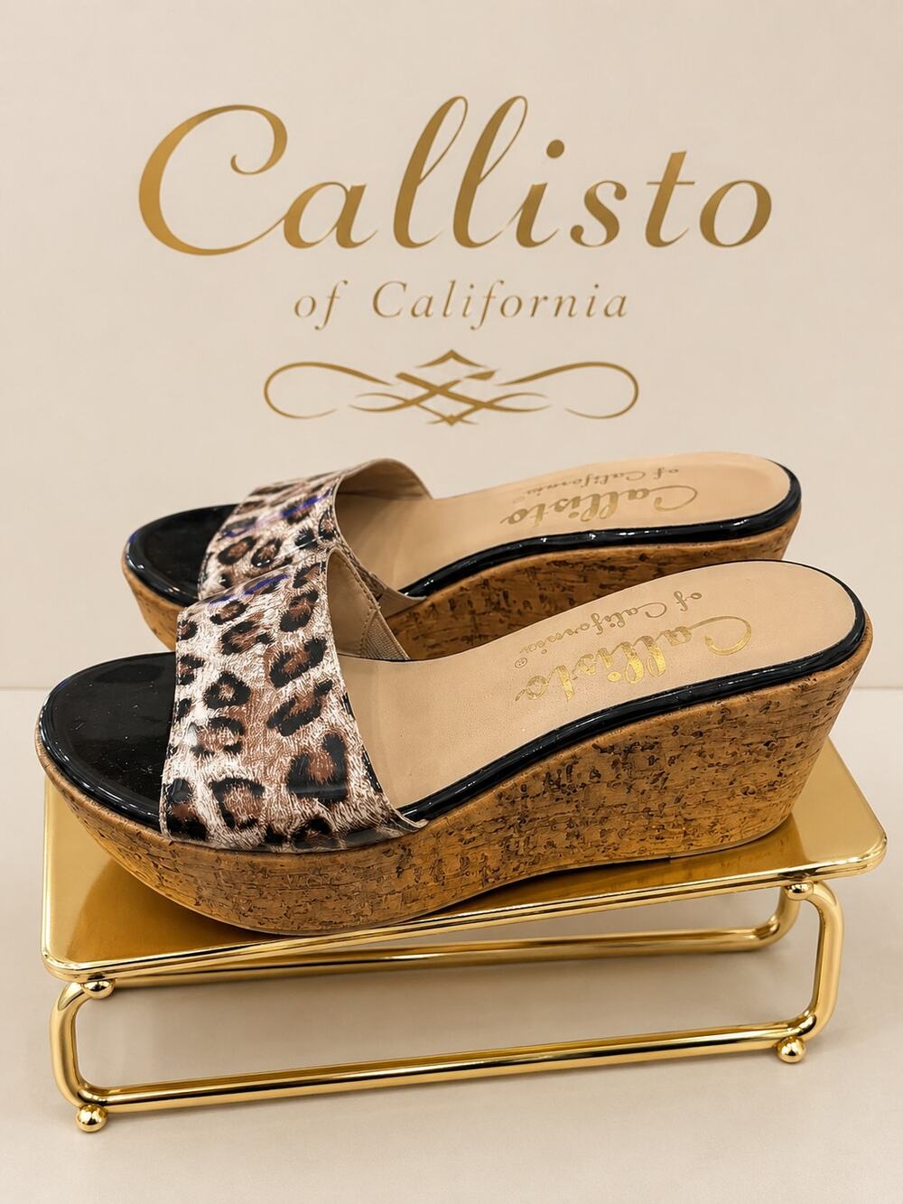 Callisto of California Leopard Lightweight Platform Wedge Slides Sz 5
